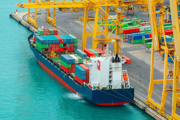 Navio cargueiro em porto internacional