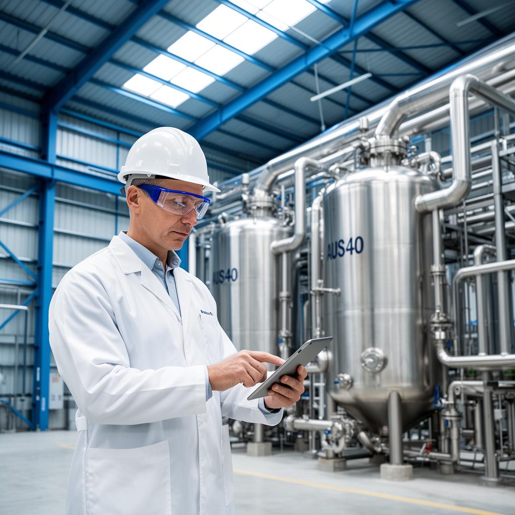 Engenheiro inspecionando planta de produção de AUS40